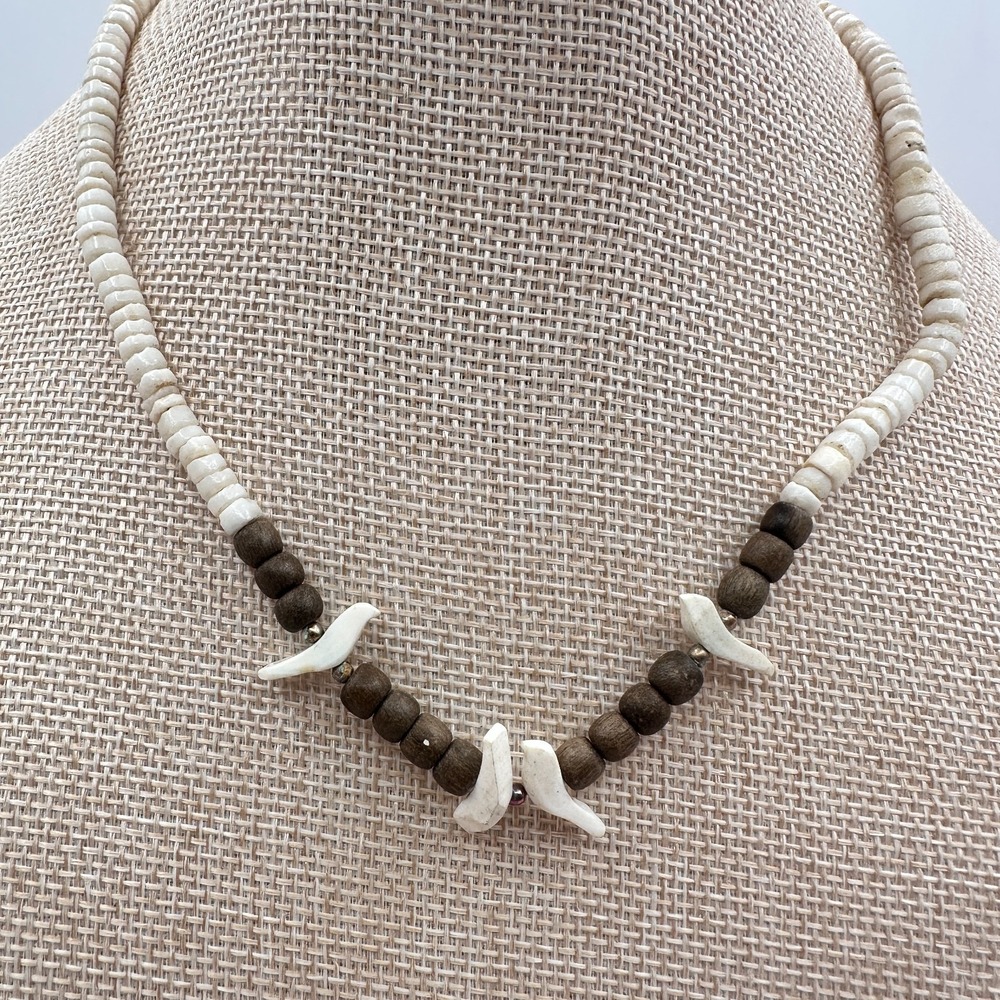 Vintage 90s Fetish Heishi Bird Necklace Shell & Wood Boho Jewelry